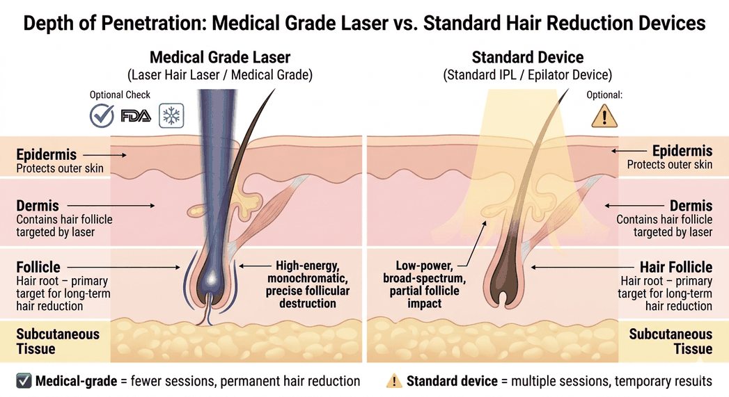 Diagram showing the depth of penetration of medical grade laser hair removal vs IPL devices Diagram showing the depth of penetration of medical grade laser hair removal vs IPL devices
